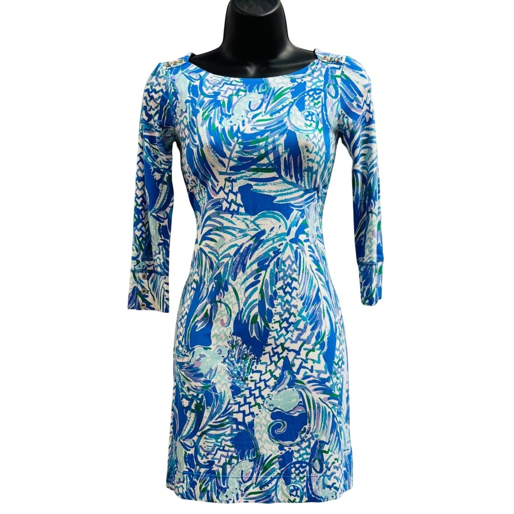 Lilly Pulitzer Jakarta Dress XXS Blue Tropical Palm Print 3/4 Sleeve Gold Detail